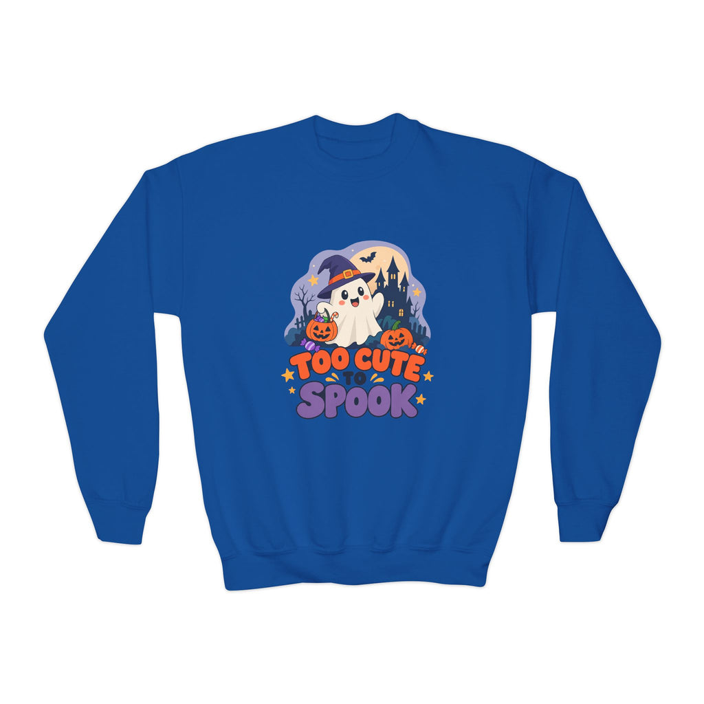 Youth Crewneck Sweatshirt — "Too Cute to Spook" Halloween Ghost Graphic