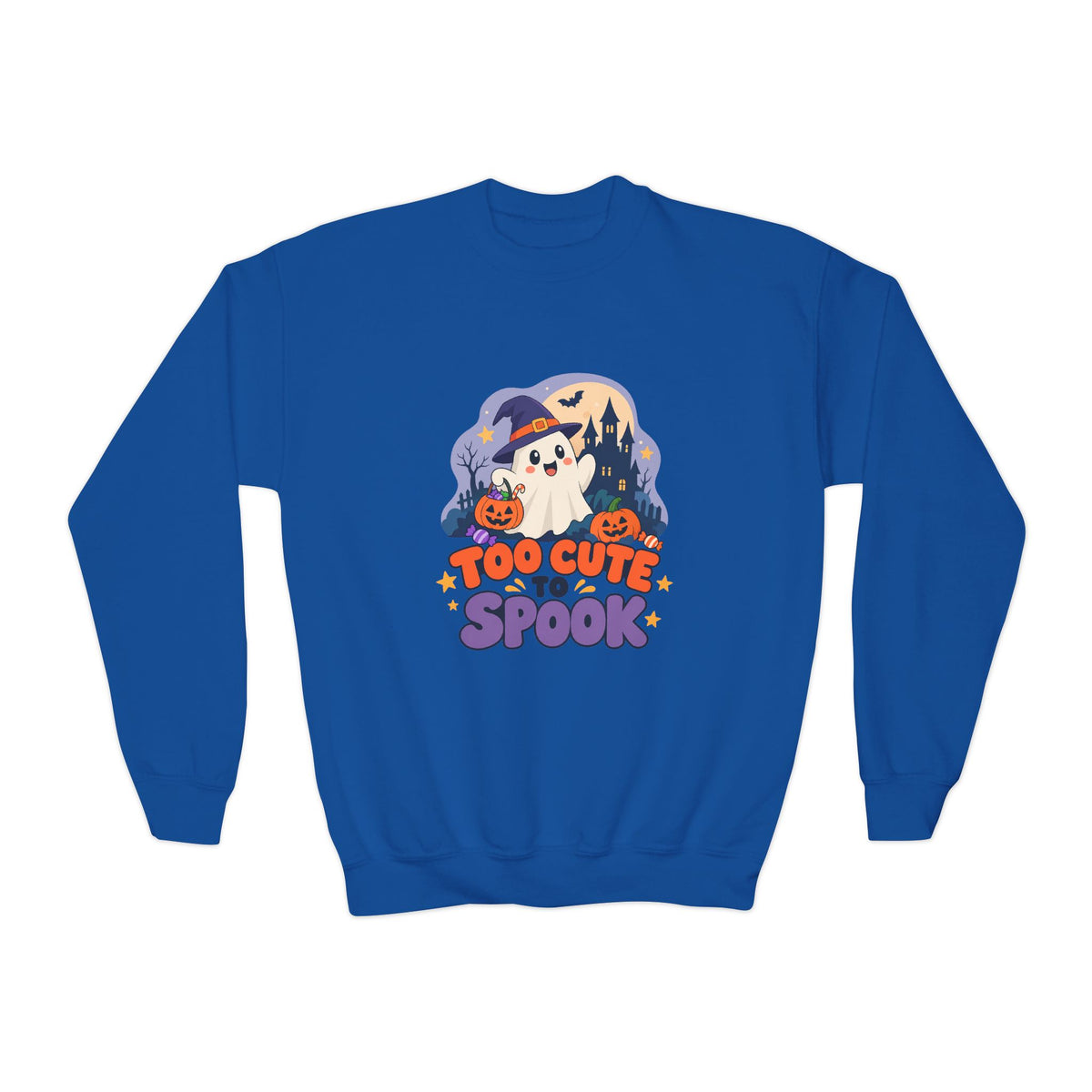 Youth Crewneck Sweatshirt — "Too Cute to Spook" Halloween Ghost Graphic