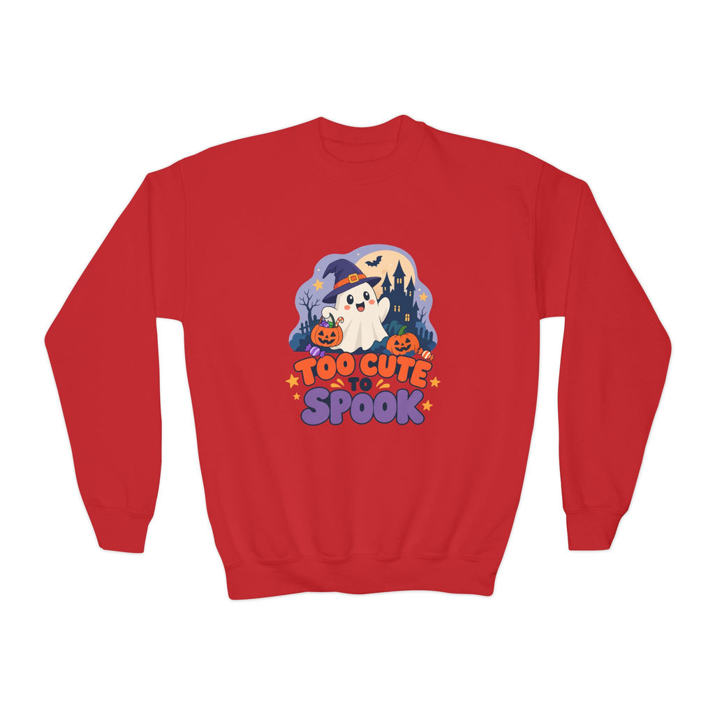 Youth Crewneck Sweatshirt — "Too Cute to Spook" Halloween Ghost Graphic