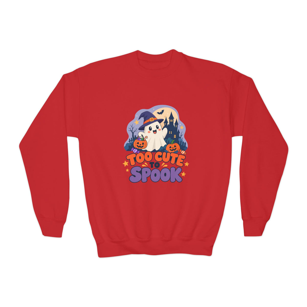 Youth Crewneck Sweatshirt — "Too Cute to Spook" Halloween Ghost Graphic
