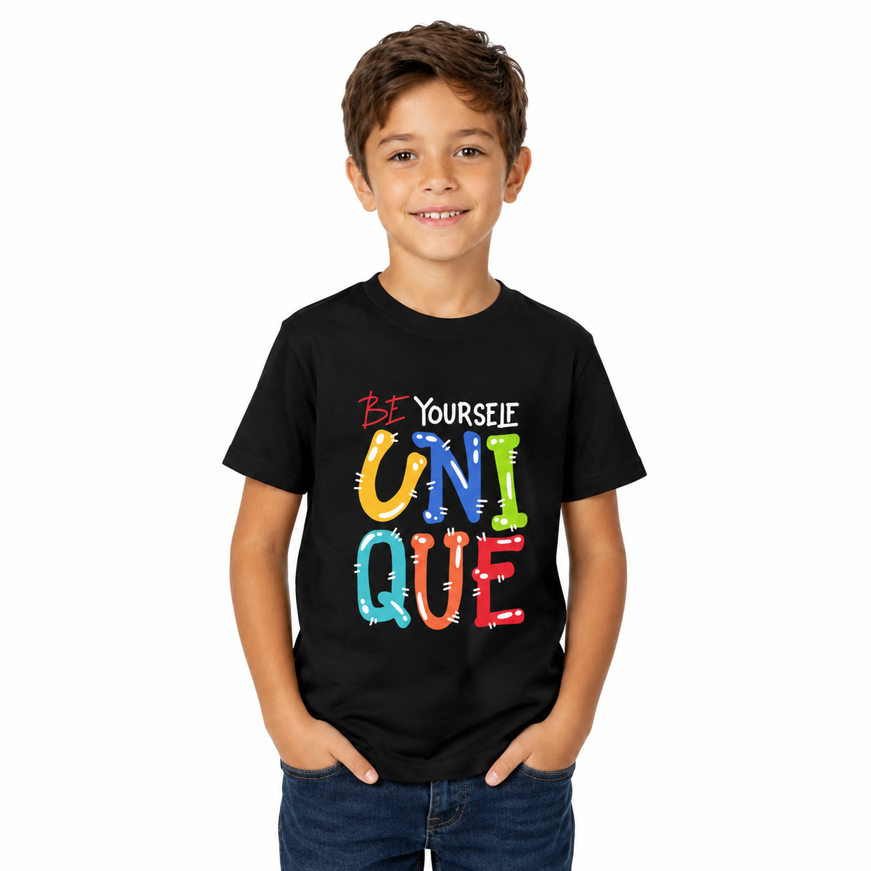 Youth Tee — "Be Yourself Unique" Colorful Kids Graphic T-Shirt