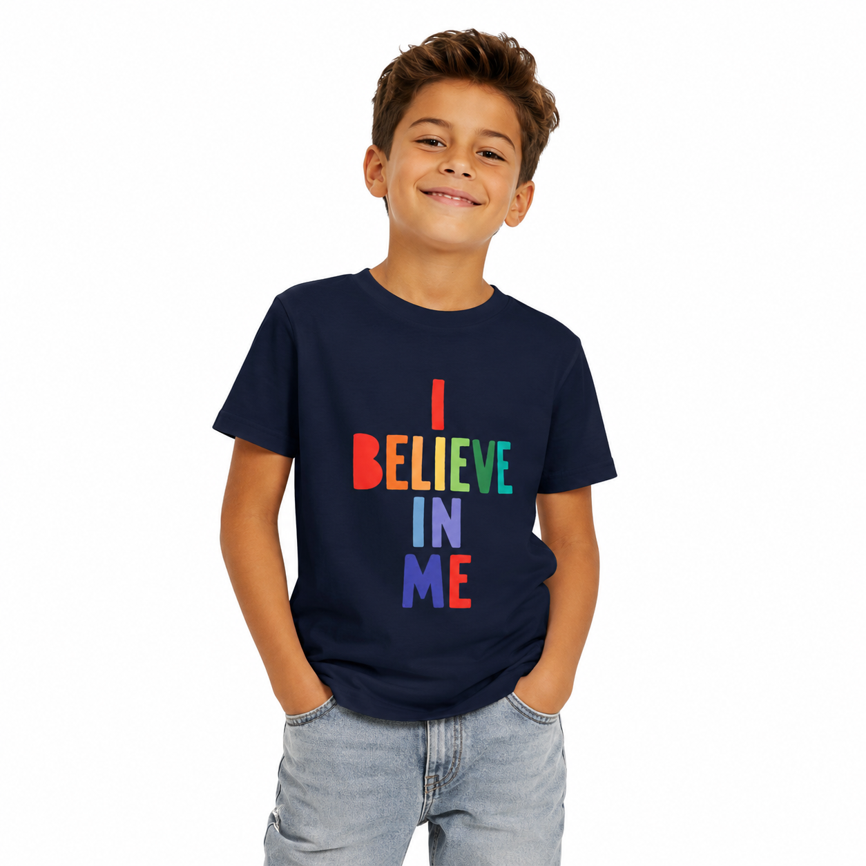 Youth Tee — “I Believe In Me” Rainbow Confidence Kids T-Shirt