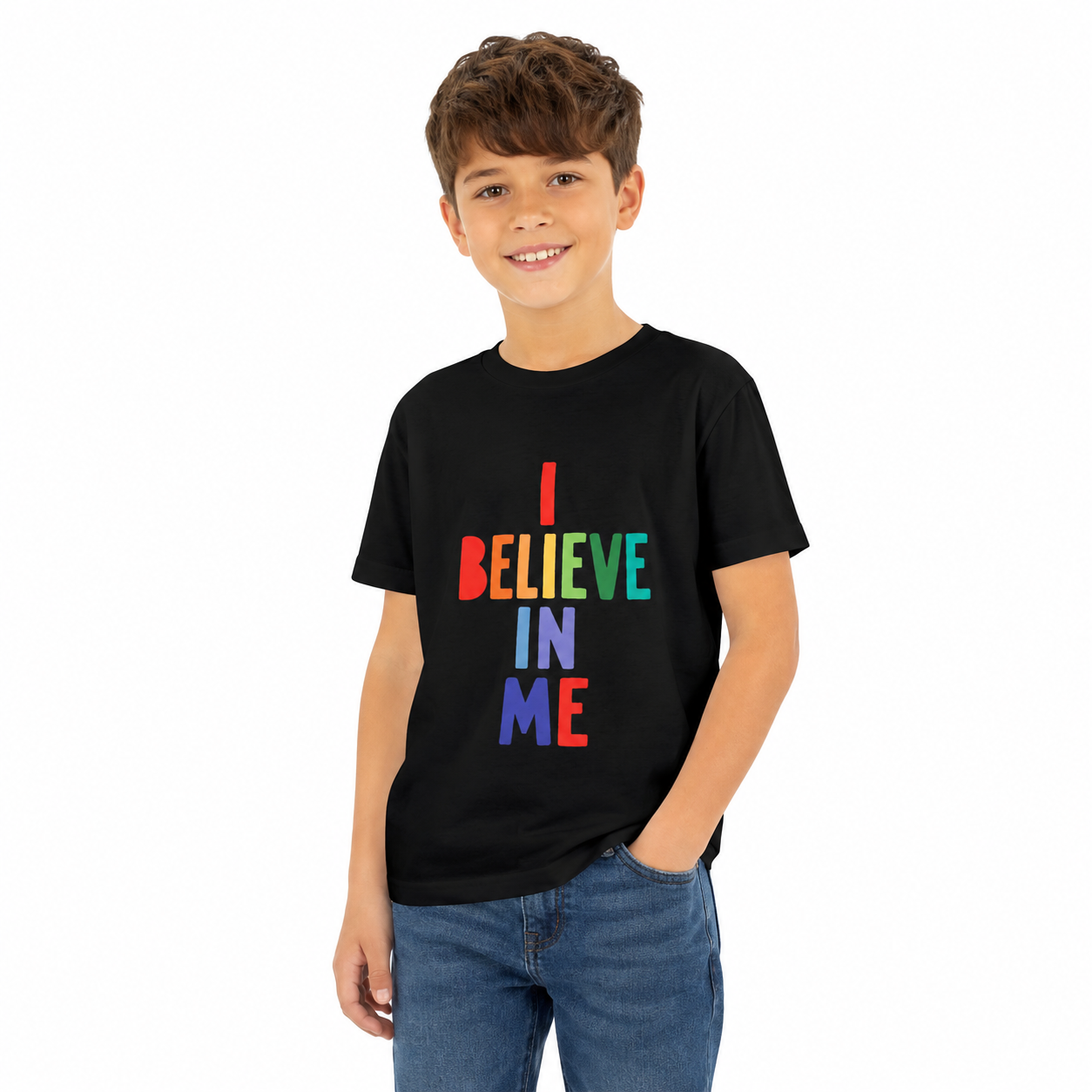Youth Tee — “I Believe In Me” Rainbow Confidence Kids T-Shirt