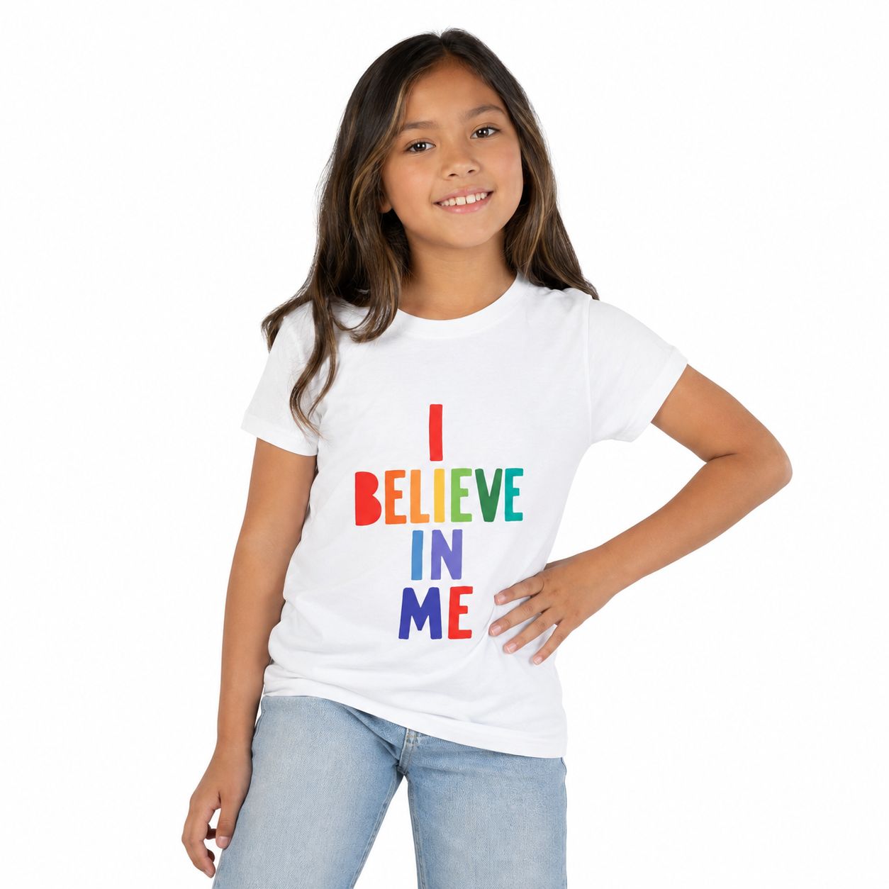 Youth Tee — “I Believe In Me” Rainbow Confidence Kids T-Shirt