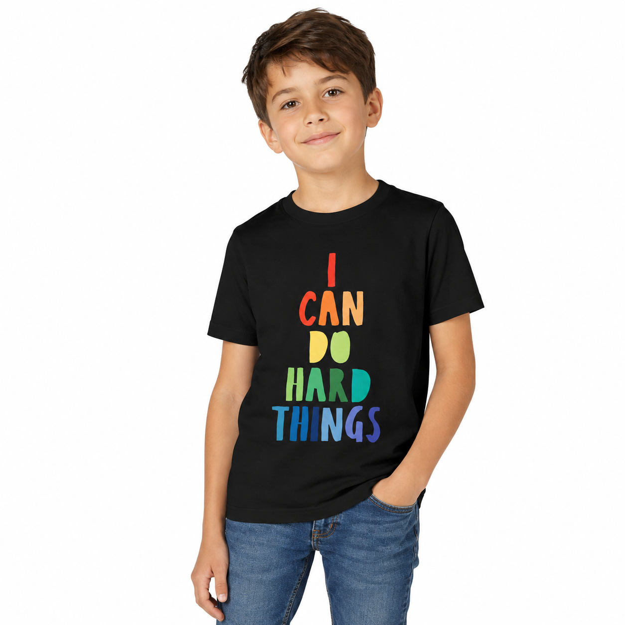 Youth Tee — “I Can Do Hard Things” Rainbow Motivational Kids T-Shirt
