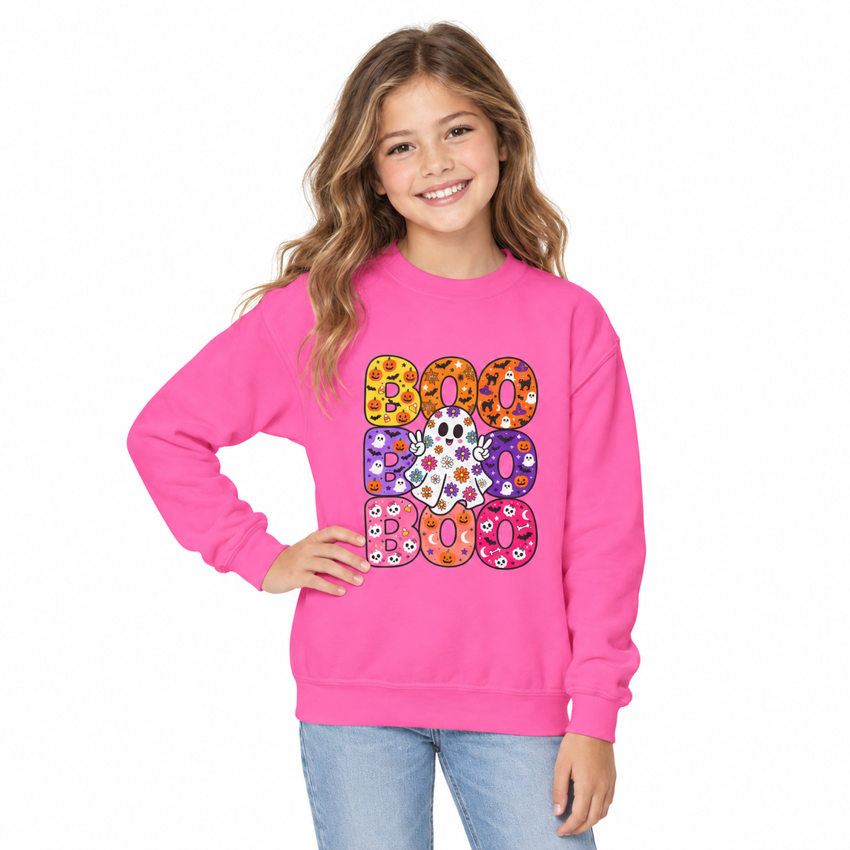 Kids’ Halloween BOO Crewneck Sweatshirt – Colorful Retro Design