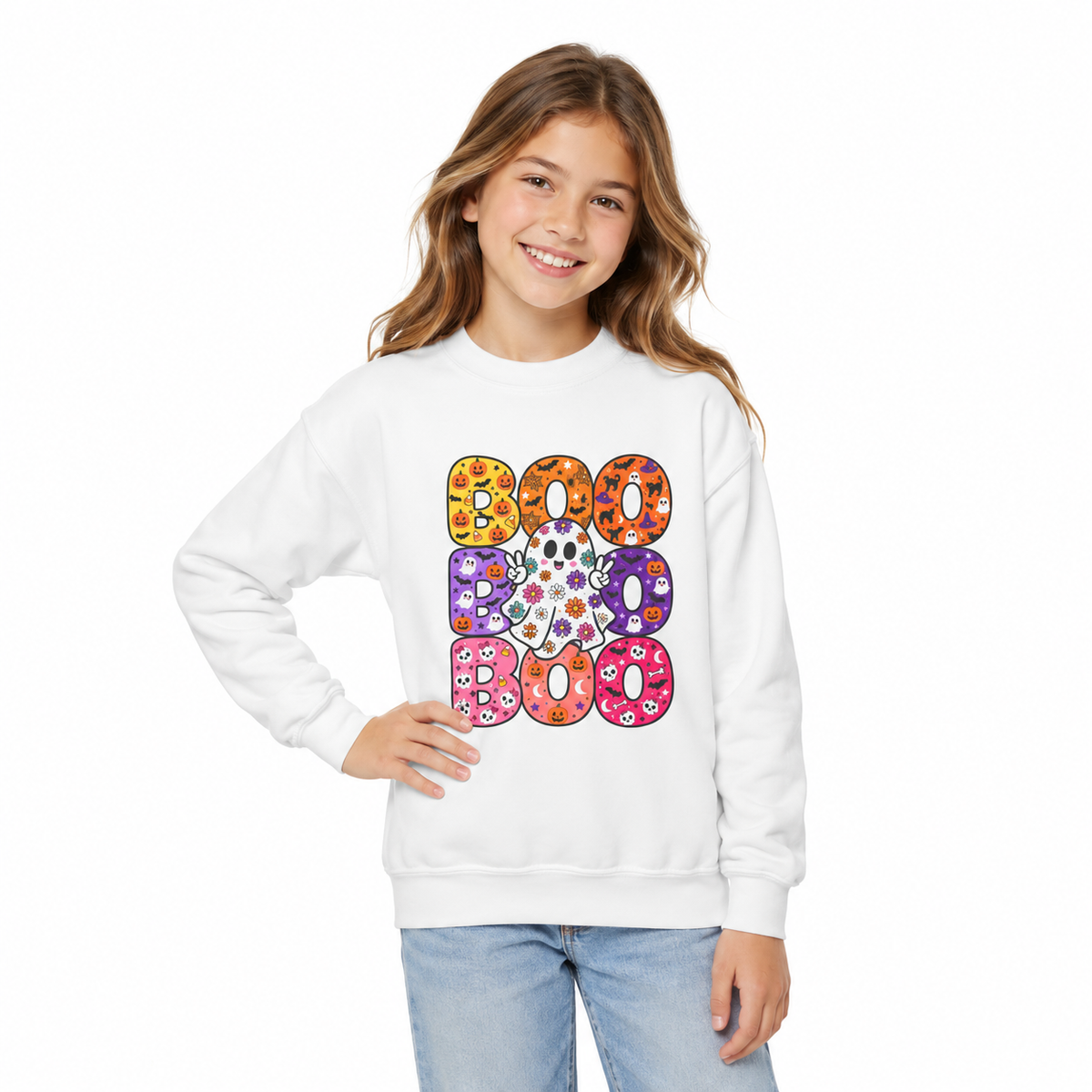 Kids’ Halloween BOO Crewneck Sweatshirt – Colorful Retro Design