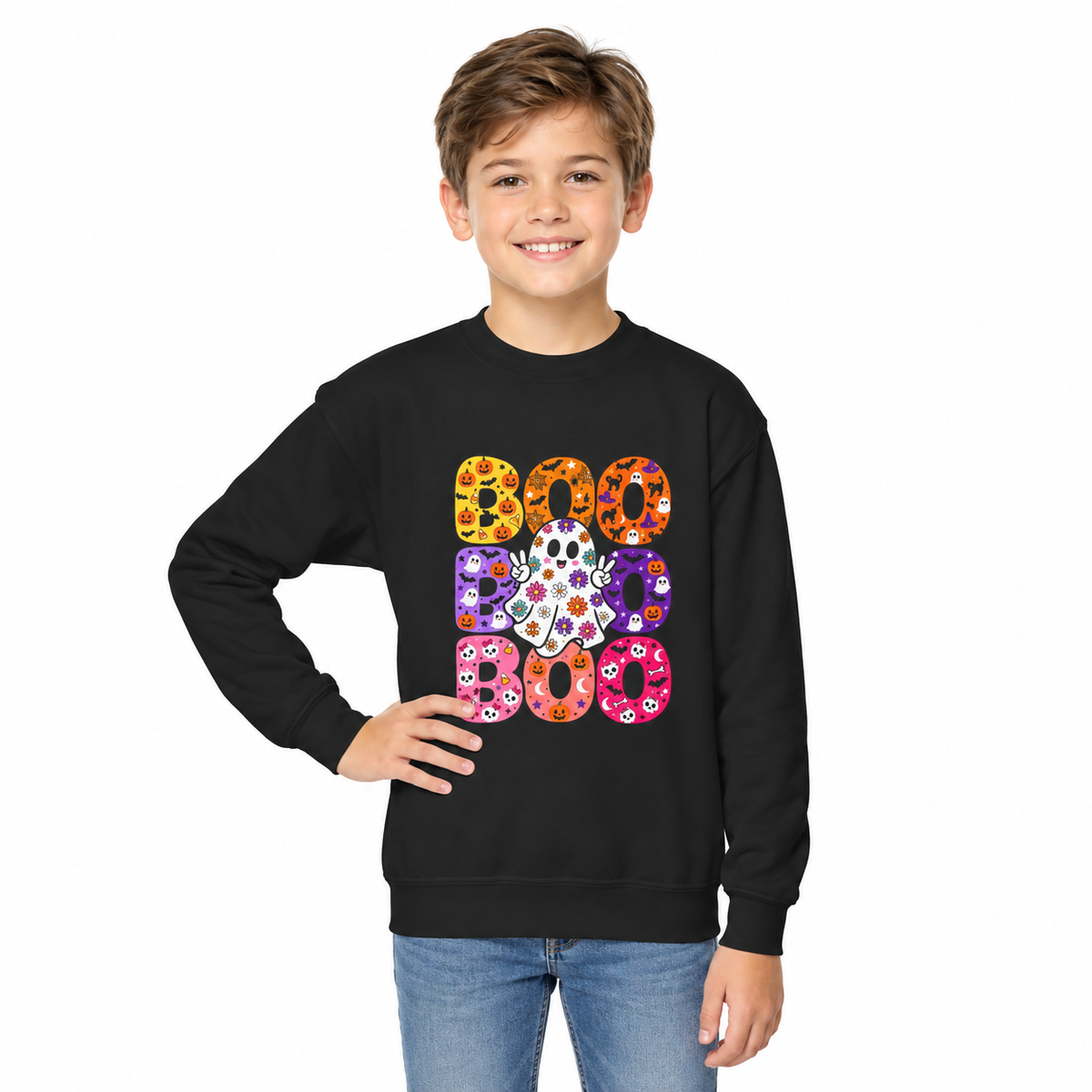 Kids’ Halloween BOO Crewneck Sweatshirt – Colorful Retro Design