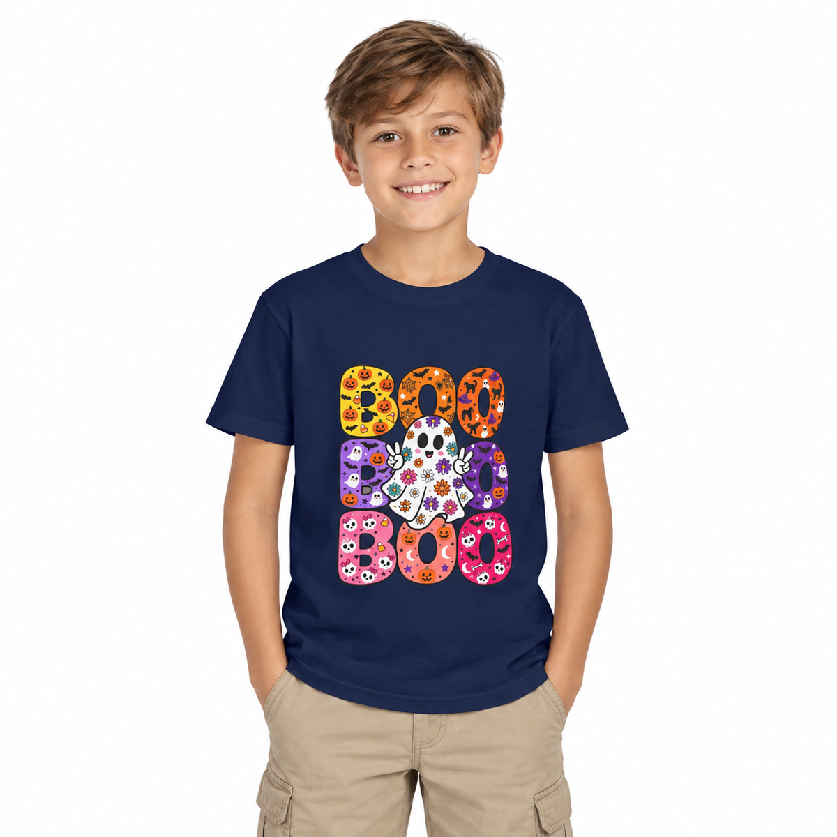Kids' Halloween "Boo Boo Boo" Tee — Colorful Spooky Candy Pattern