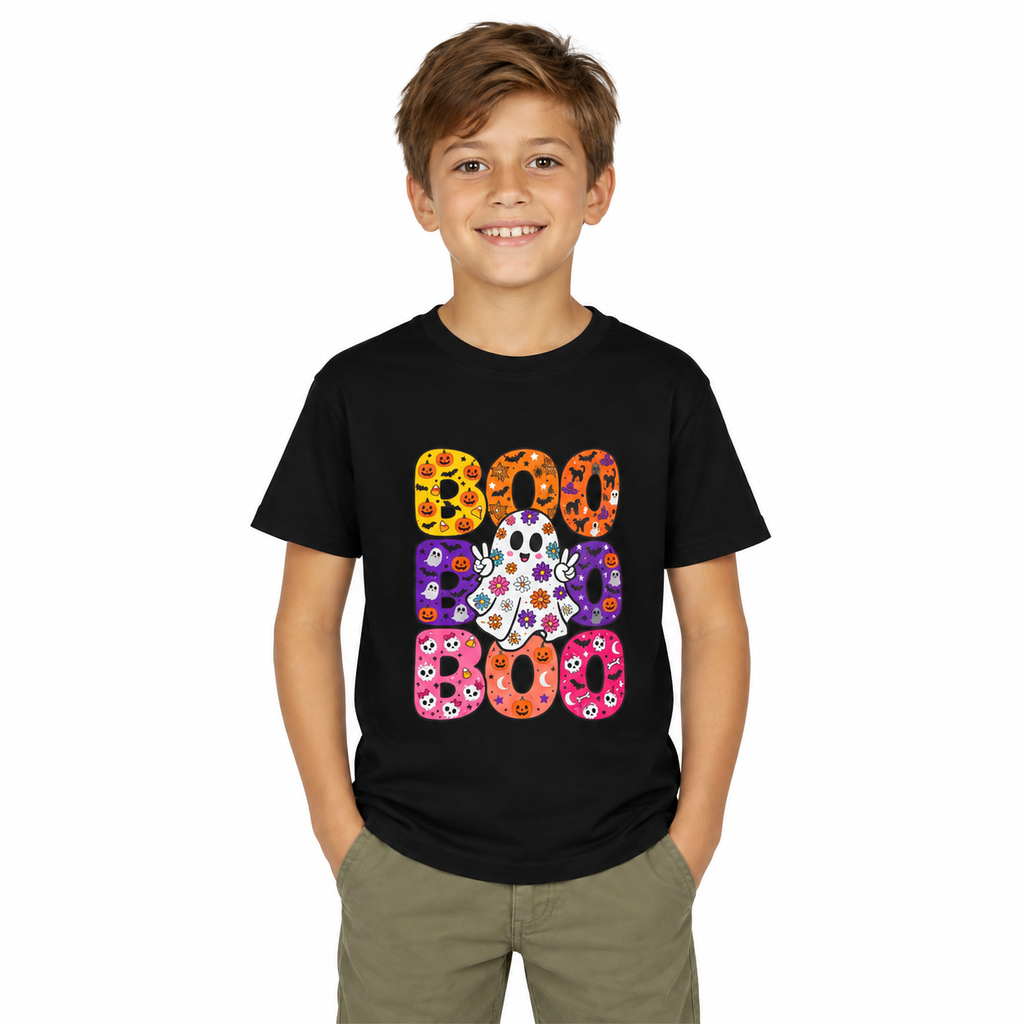 Kids' Halloween "Boo Boo Boo" Tee — Colorful Spooky Candy Pattern