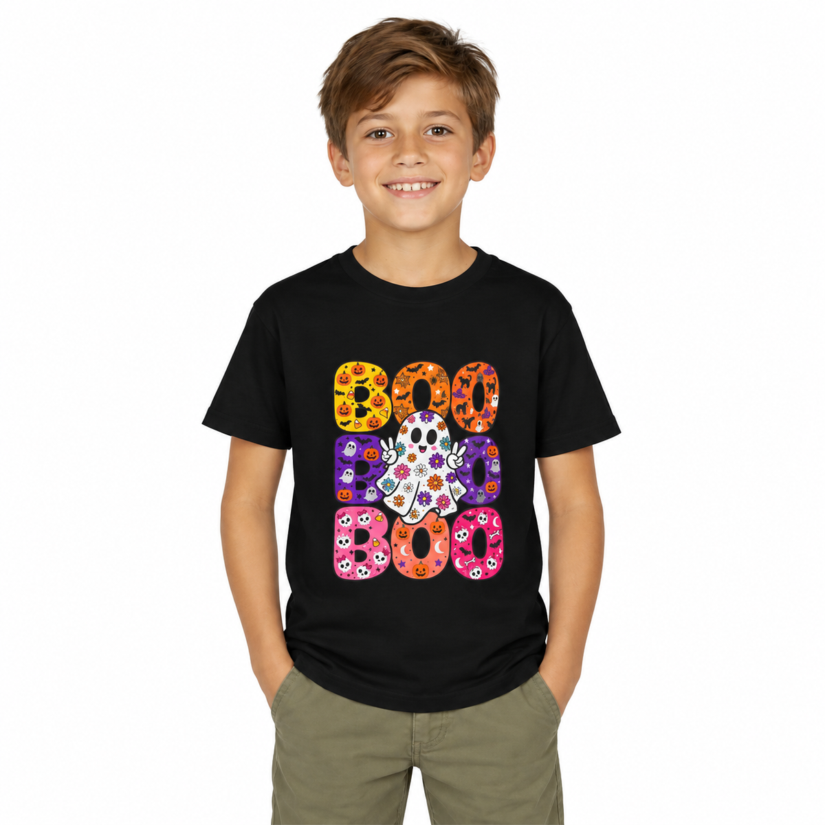 Kids' Halloween "Boo Boo Boo" Tee — Colorful Spooky Candy Pattern