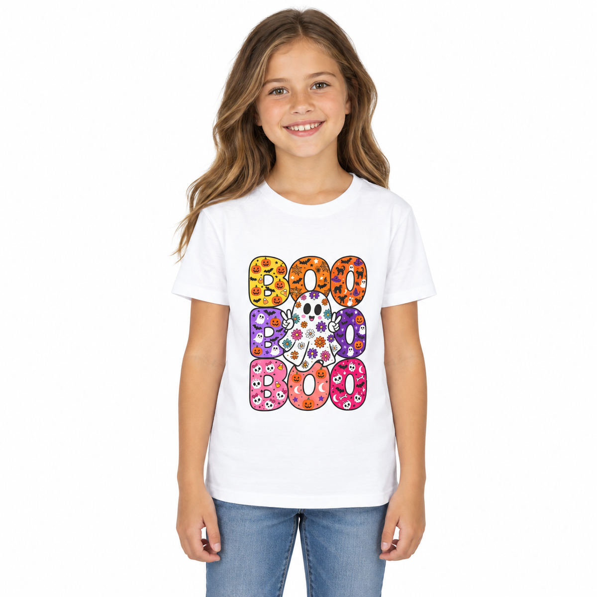 Kids' Halloween "Boo Boo Boo" Tee — Colorful Spooky Candy Pattern