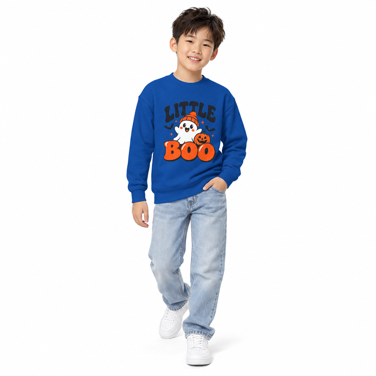 Little Boo Youth Halloween Sweatshirt — Ghost, Pumpkin & Bats
