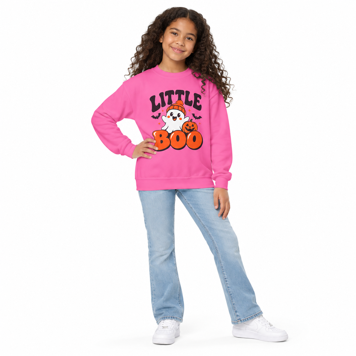 Little Boo Youth Halloween Sweatshirt — Ghost, Pumpkin & Bats