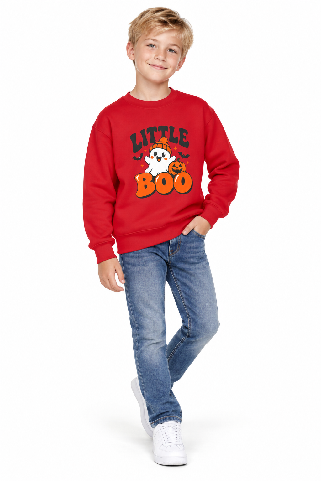 Little Boo Youth Halloween Sweatshirt — Ghost, Pumpkin & Bats