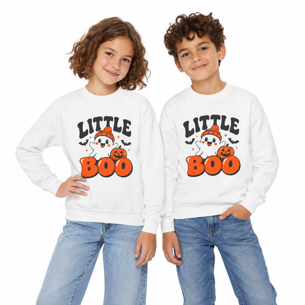 Little Boo Youth Halloween Sweatshirt — Ghost, Pumpkin & Bats