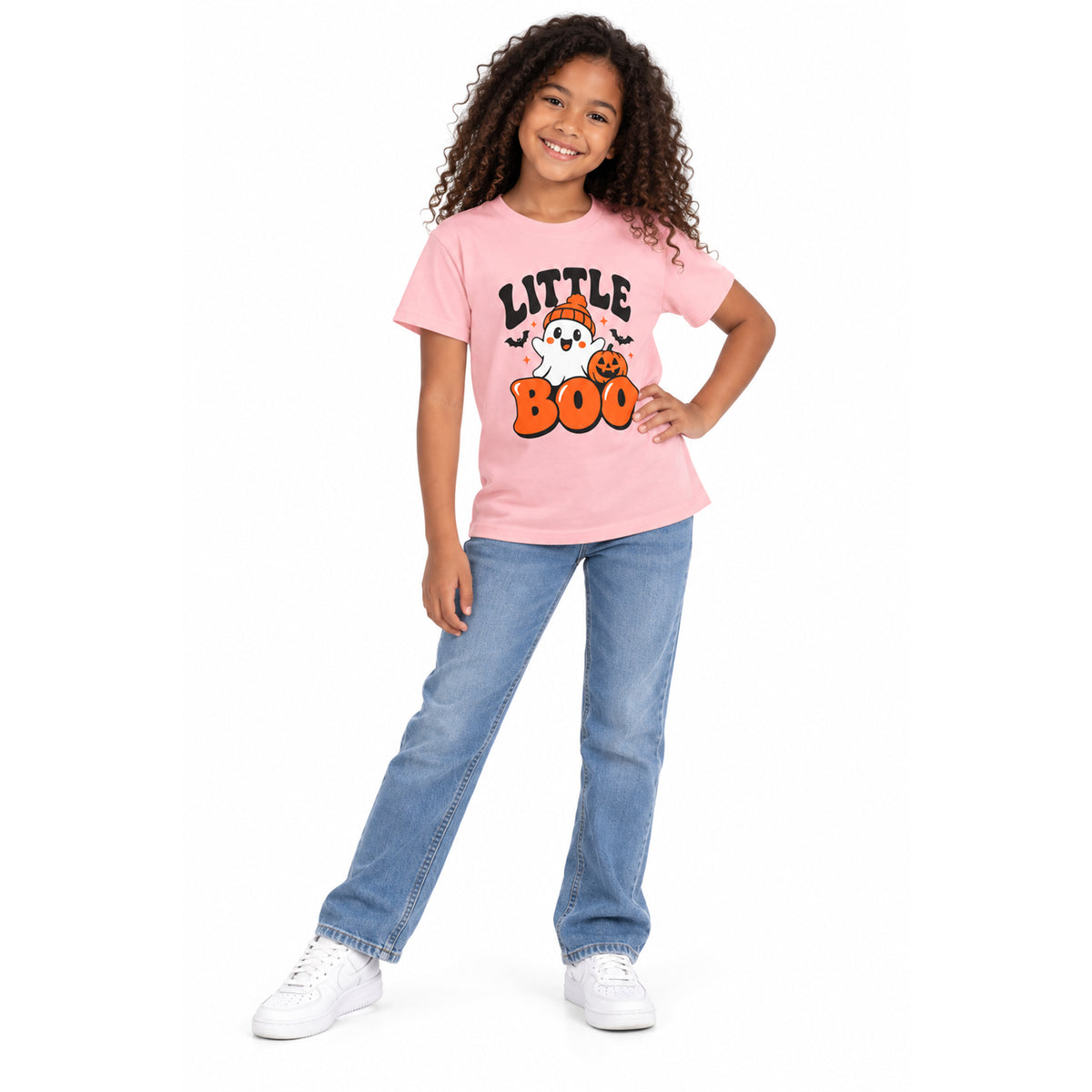 Youth Tee — "Little Boo" Cute Halloween Ghost Pumpkin Shirt