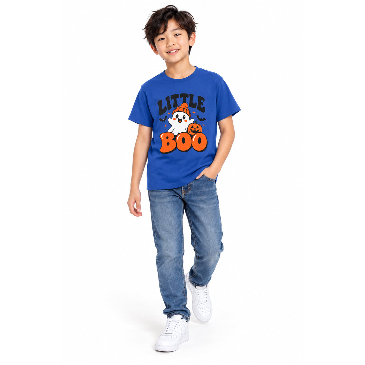 Youth Tee — "Little Boo" Cute Halloween Ghost Pumpkin Shirt
