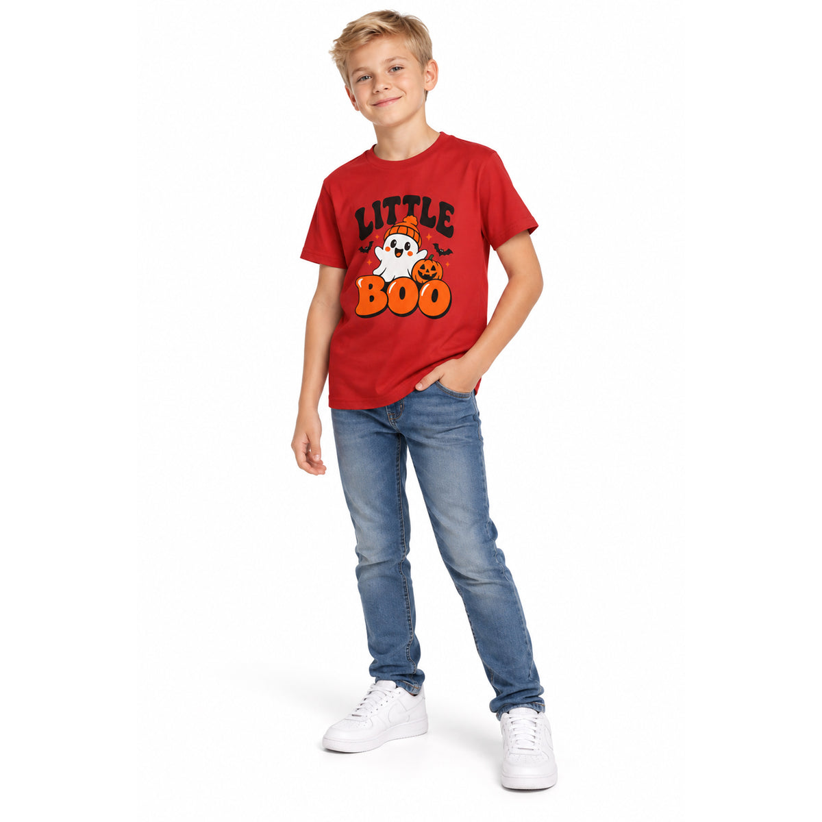 Youth Tee — "Little Boo" Cute Halloween Ghost Pumpkin Shirt