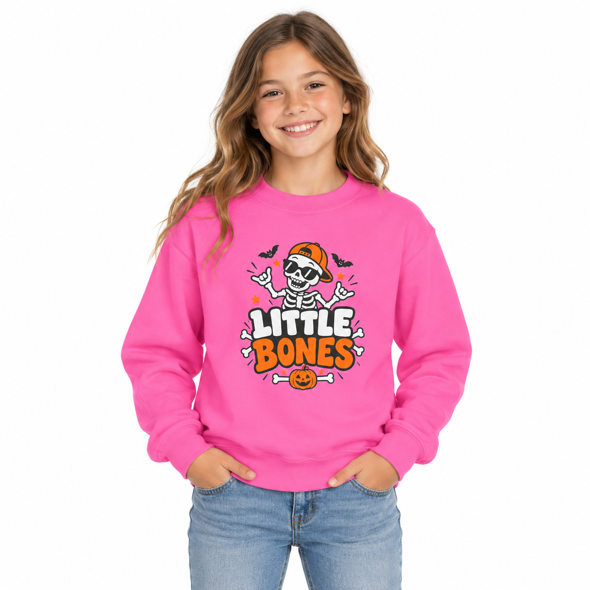 Kids' Halloween Crewneck Sweatshirt — "Little Bones" Skeleton Pumpkin Design
