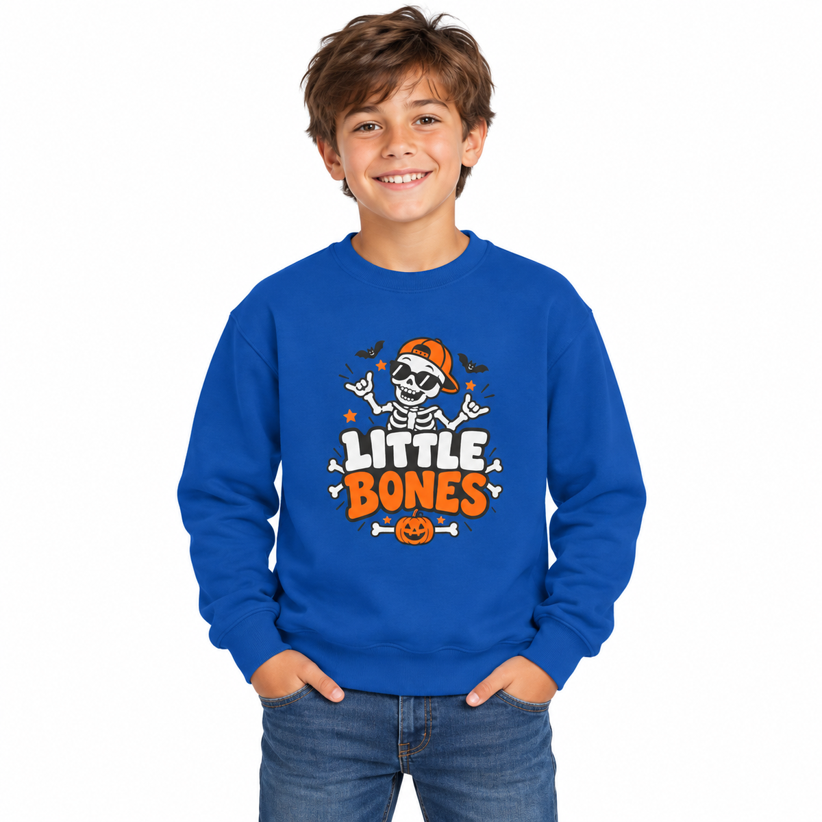 Kids' Halloween Crewneck Sweatshirt — "Little Bones" Skeleton Pumpkin Design