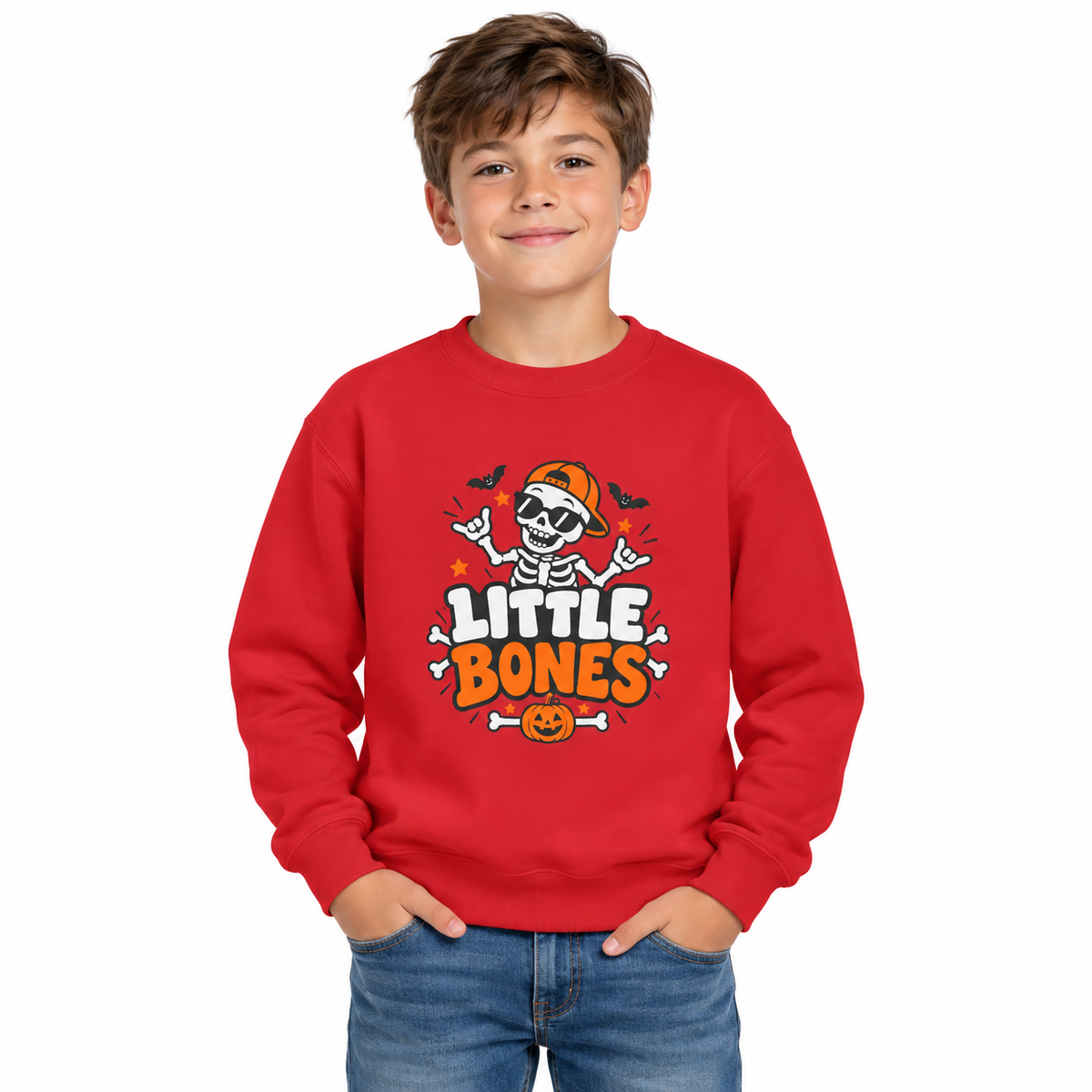 Kids' Halloween Crewneck Sweatshirt — "Little Bones" Skeleton Pumpkin Design