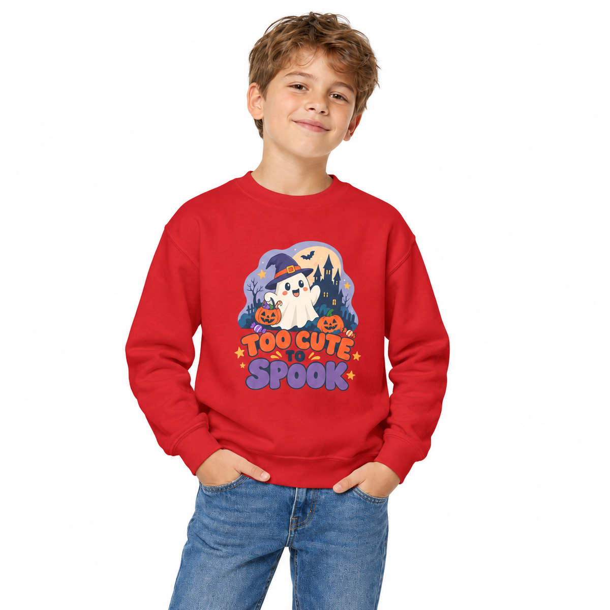 Youth Crewneck Sweatshirt — "Too Cute to Spook" Halloween Ghost Graphic