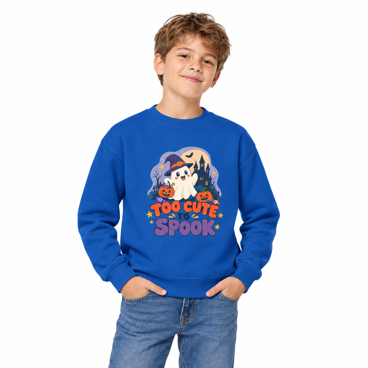 Youth Crewneck Sweatshirt — "Too Cute to Spook" Halloween Ghost Graphic