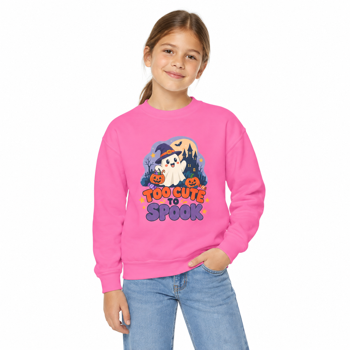 Youth Crewneck Sweatshirt — "Too Cute to Spook" Halloween Ghost Graphic
