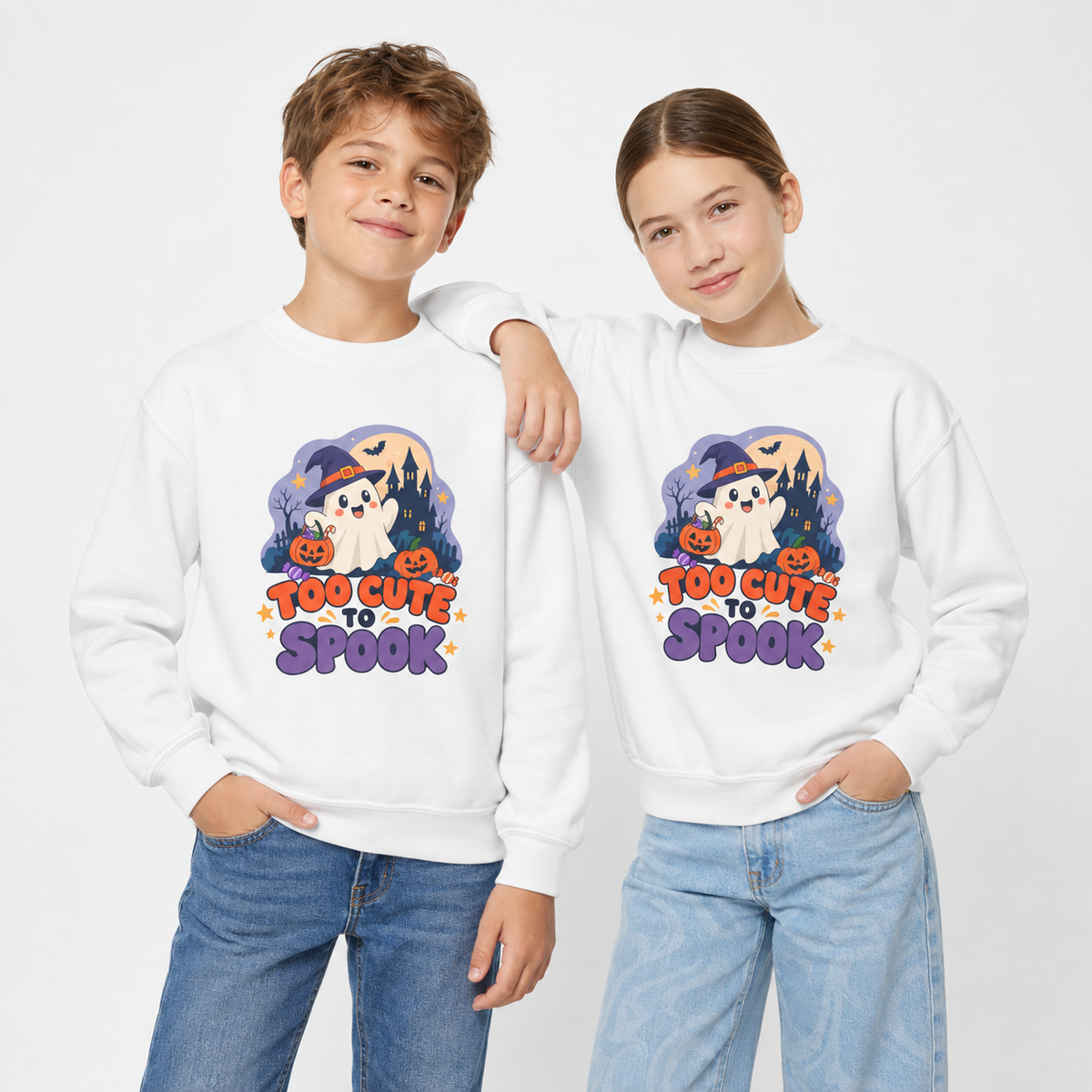 Youth Crewneck Sweatshirt — "Too Cute to Spook" Halloween Ghost Graphic