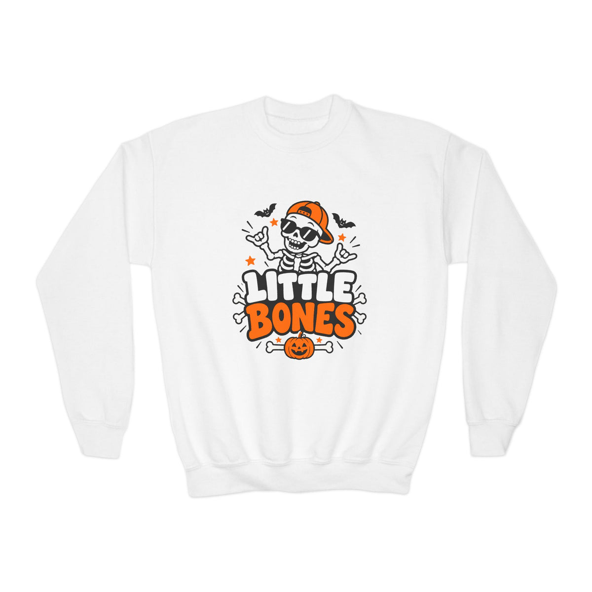 Kids' Halloween Crewneck Sweatshirt — "Little Bones" Skeleton Pumpkin Design