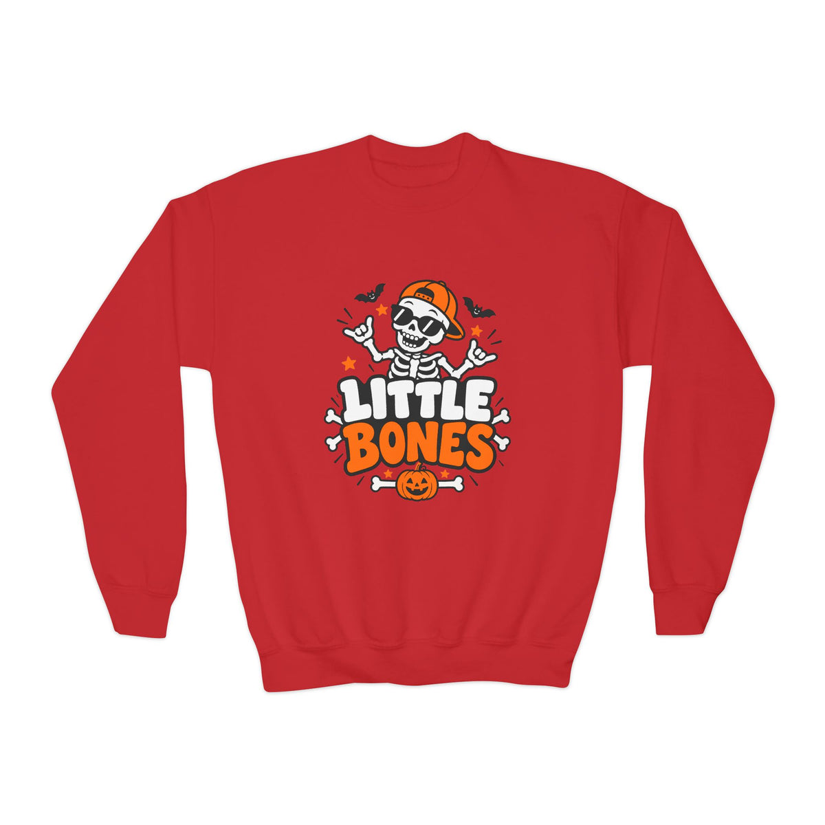 Kids' Halloween Crewneck Sweatshirt — "Little Bones" Skeleton Pumpkin Design