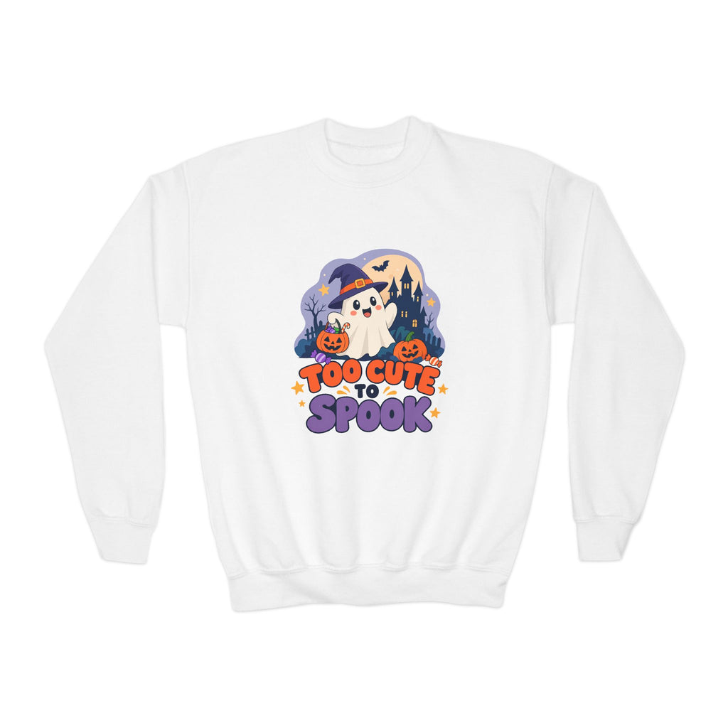 Youth Crewneck Sweatshirt — "Too Cute to Spook" Halloween Ghost Graphic