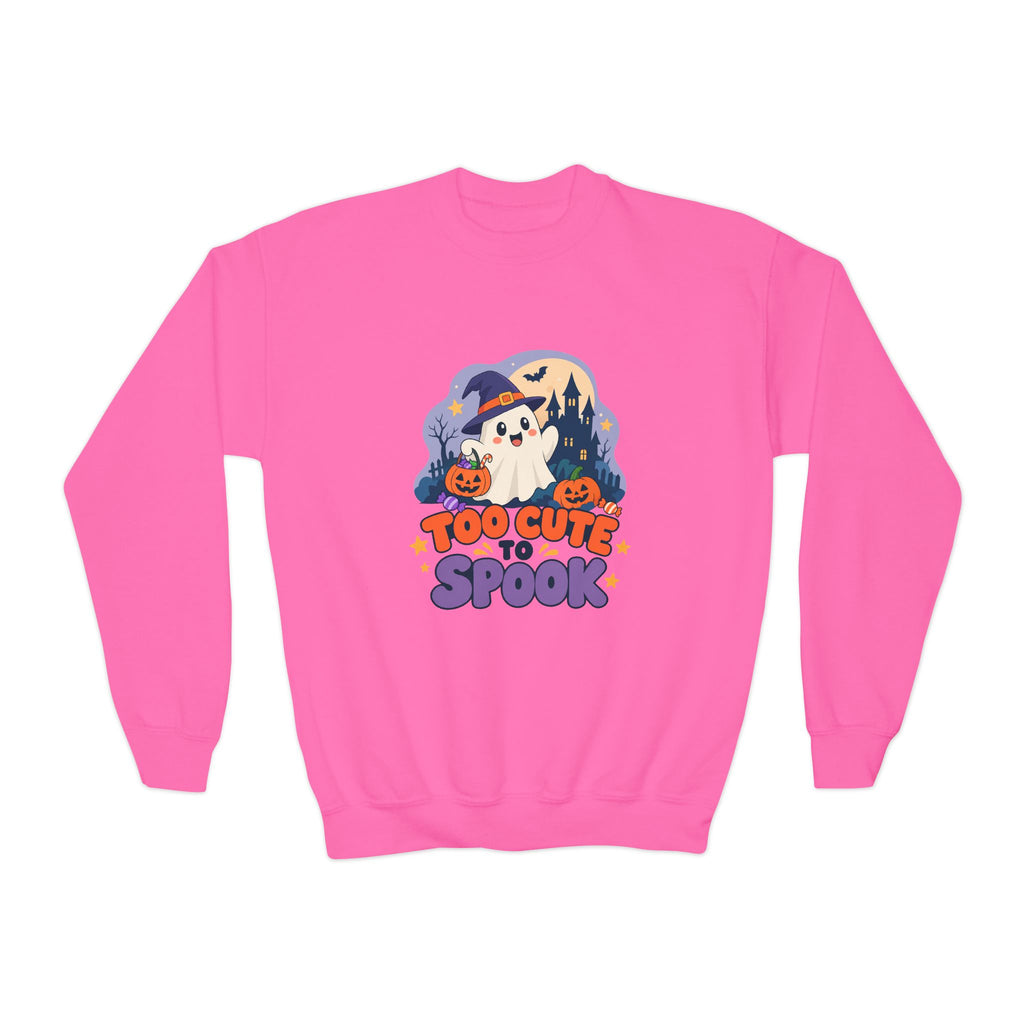 Youth Crewneck Sweatshirt — "Too Cute to Spook" Halloween Ghost Graphic