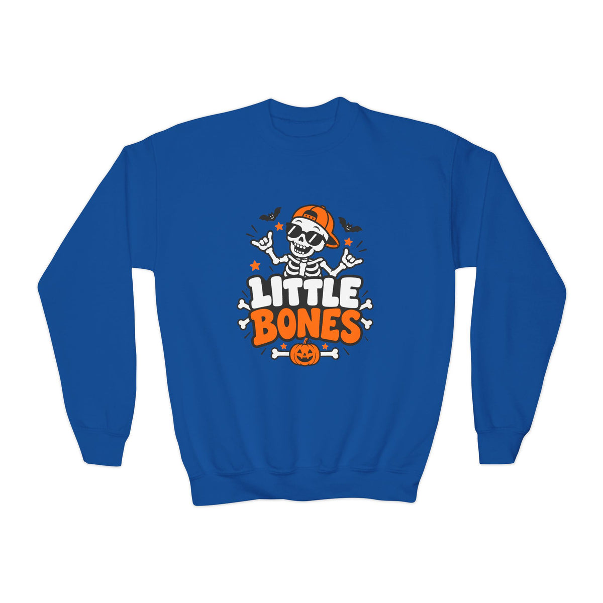 Kids' Halloween Crewneck Sweatshirt — "Little Bones" Skeleton Pumpkin Design